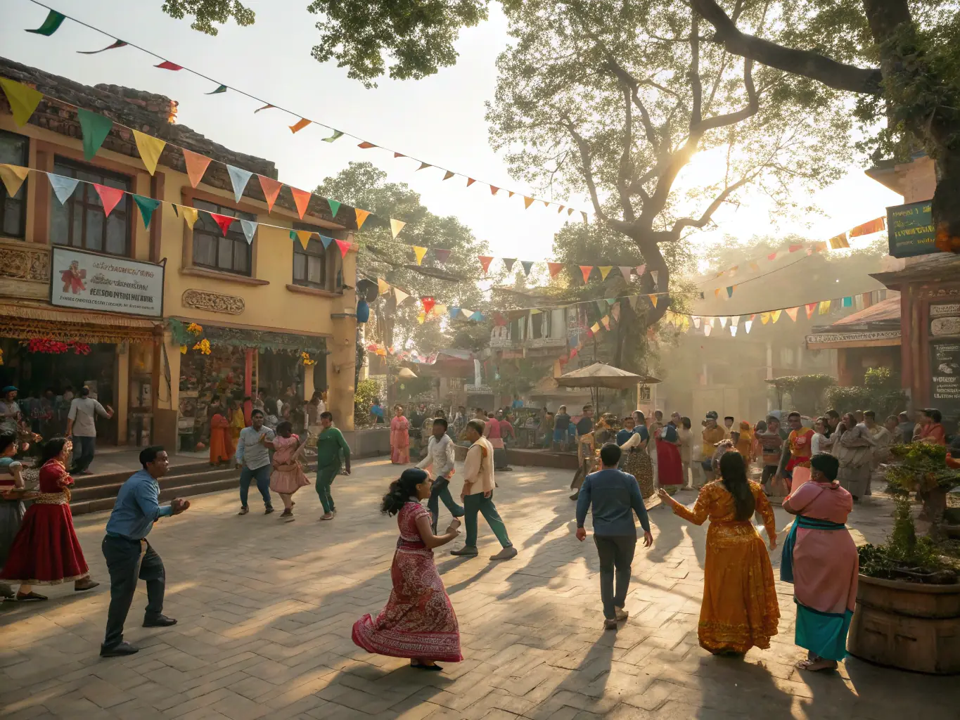 An image of a lively local festival with people dancing and engaging in traditional crafts. The scene captures the vibrant energy of community-led cultural activities and the celebration of local traditions.