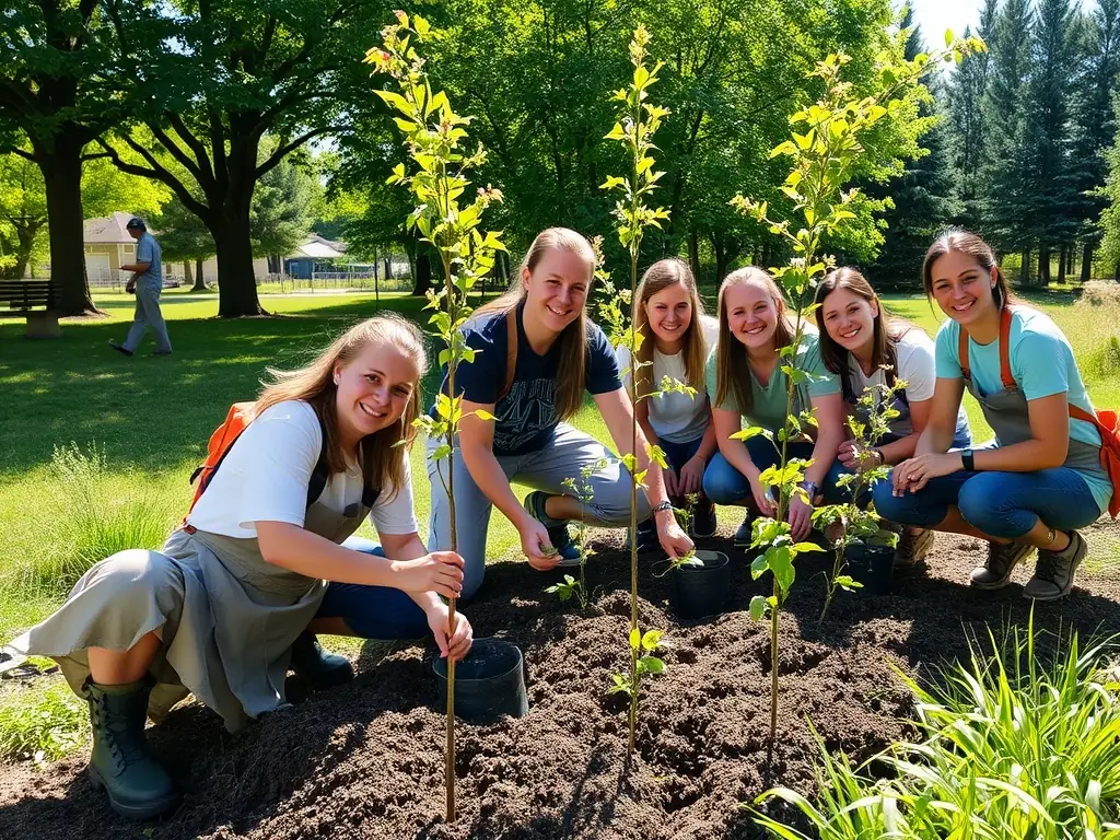 A vibrant image of volunteers planting trees in a lush green area, symbolizing environmental stewardship and community involvement. The scene captures the essence of community collaboration and the tangible impact of environmental conservation efforts.