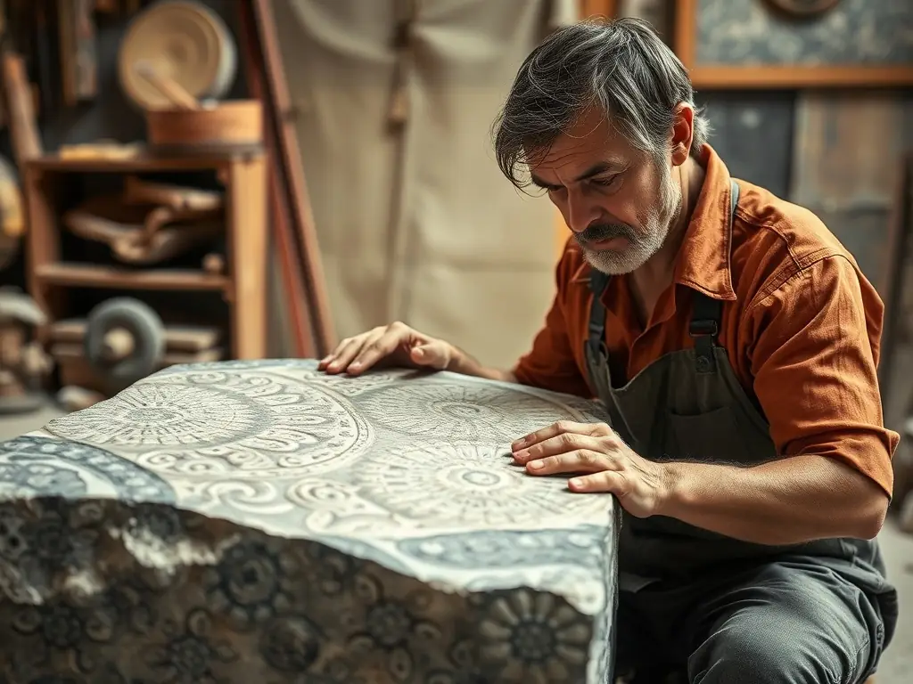A photo of artisans restoring an old stone monument, highlighting craftsmanship and cultural preservation. The image showcases the meticulous work involved in preserving historical landmarks and the dedication to maintaining cultural heritage.